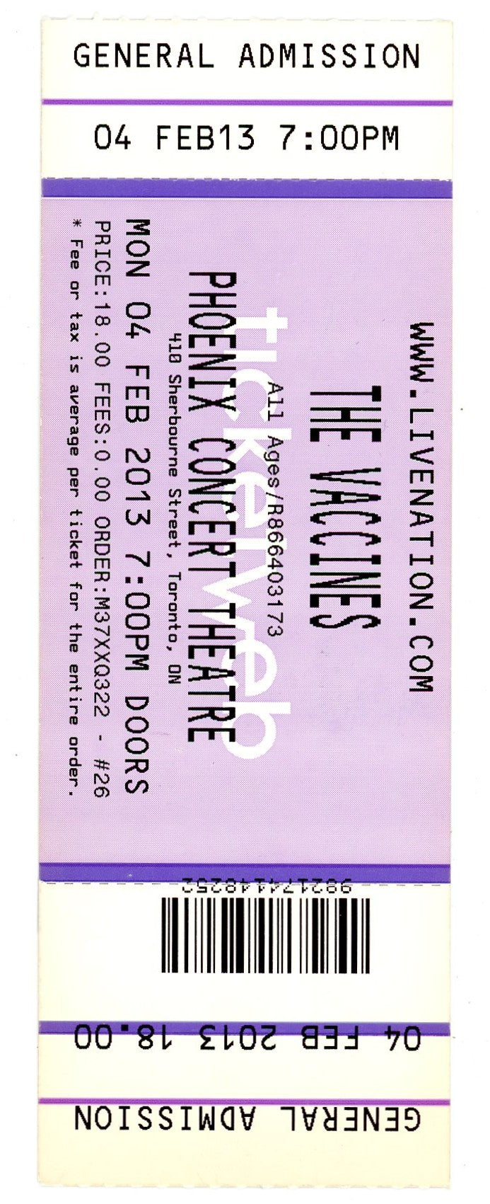 The Vaccines Concert Ticket Stub Phoenix Concert Theatre (Toronto, 2013)