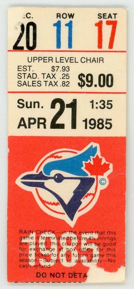 Toronto Blue Jays vs. Baltimore Orioles Vintage Ticket Stub 1985