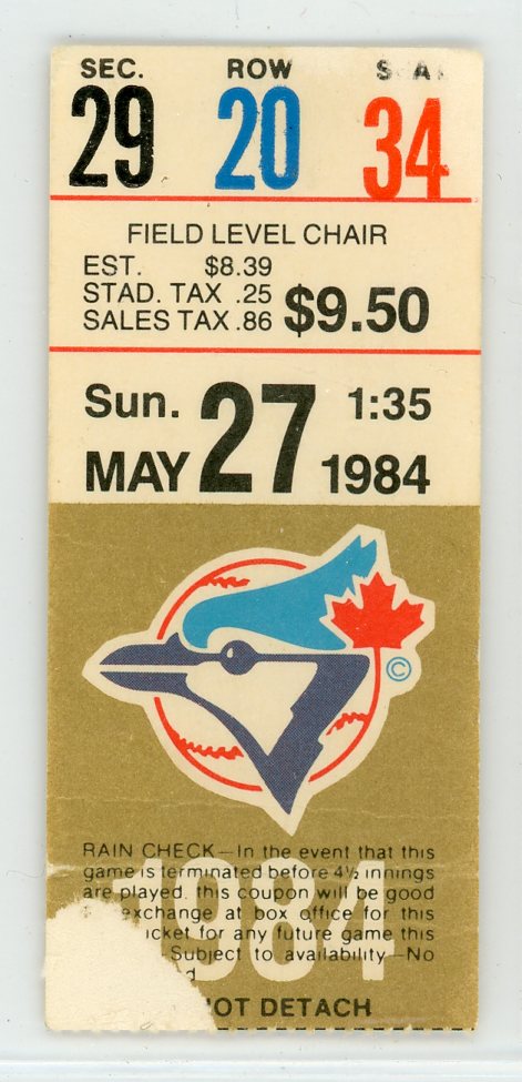 Toronto Blue Jays vs. Cleveland Guardians Vintage Ticket Stub 1984