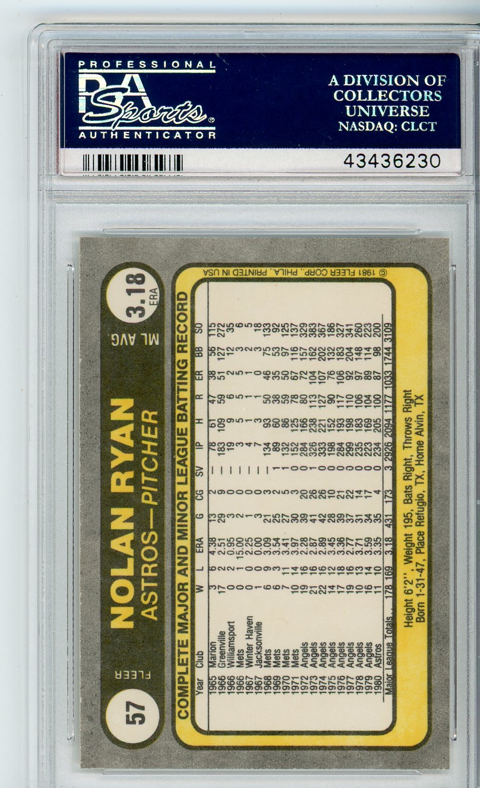 1981 Fleer Nolan Ryan Graded Card PSA 10