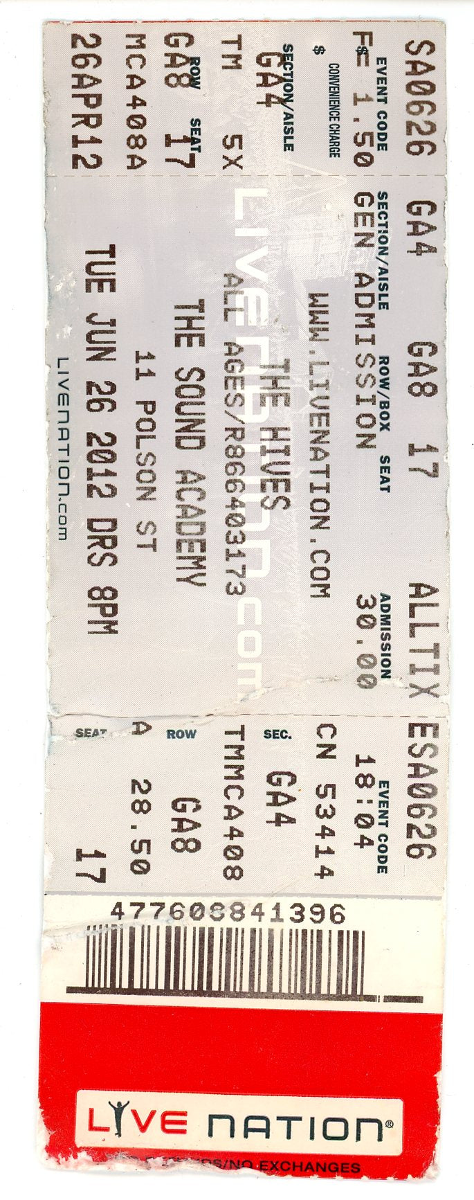 The Hives Concert Ticket Stub Sound Academy (Toronto, 2012)