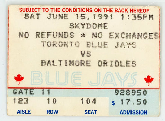 Toronto Blue Jays vs. Baltimore Orioles Vintage Ticket Stub Exhibition Stadium 1991