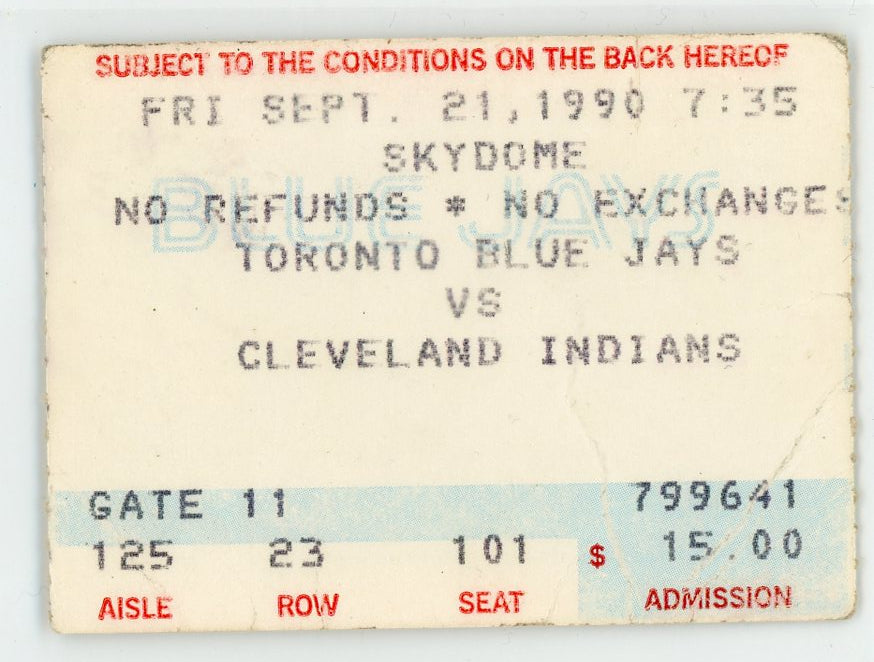 Toronto Blue Jays vs. Cleveland Indians Vintage Ticket Stub Toronto Skydome 1990