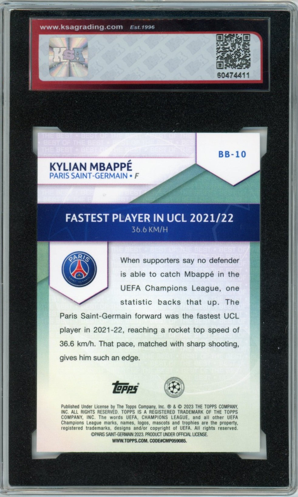 2022/23 Topps UEFA CL Kylian Mbappé Best of the Best Graded Soccer Card #BB-10 KSA 9.5