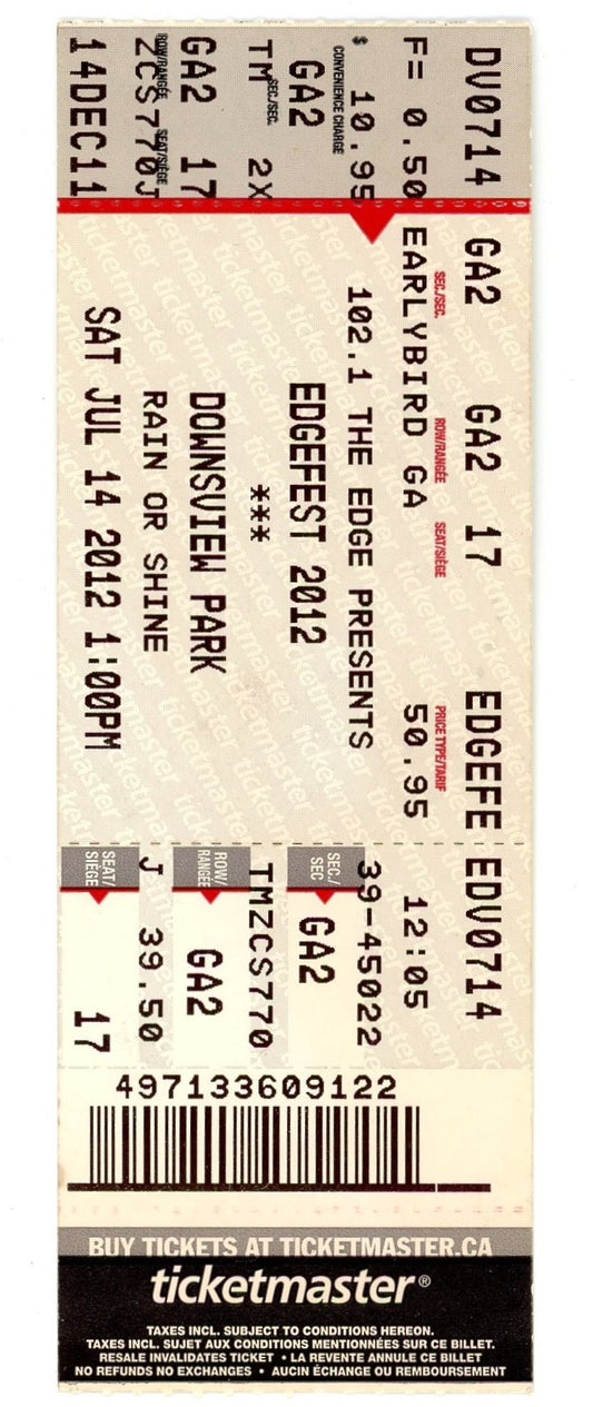 Edgefest 2012 Concert Ticket Stub Downsview Park (Toronto, 2012)