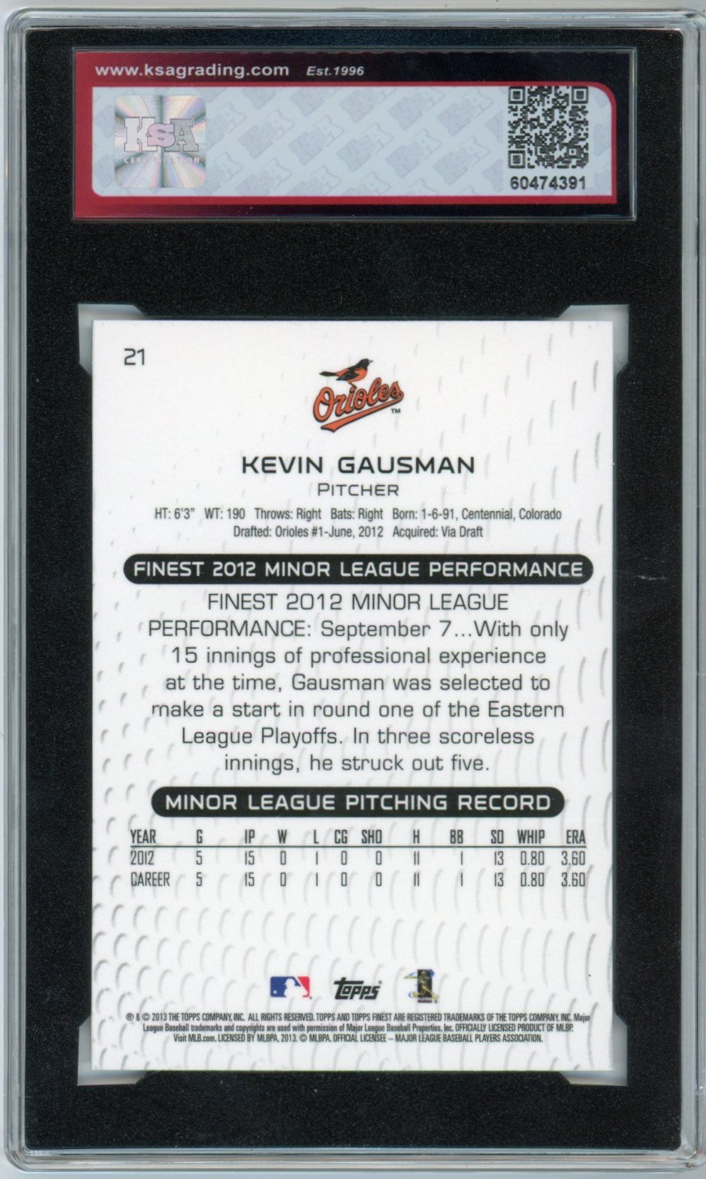 2013 Topps Finest Kevin Gausman #21 Graded Rookie Card KSA 10