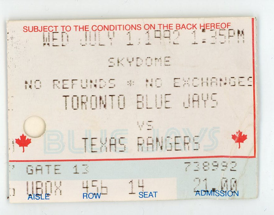 Toronto Blue Jays vs. Texas Rangers Vintage Ticket Stub Toronto Skydome 1992