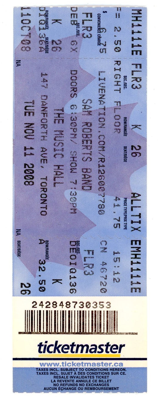 Sam Roberts Band Concert Ticket Stub The Music Hall (Toronto, 2008)