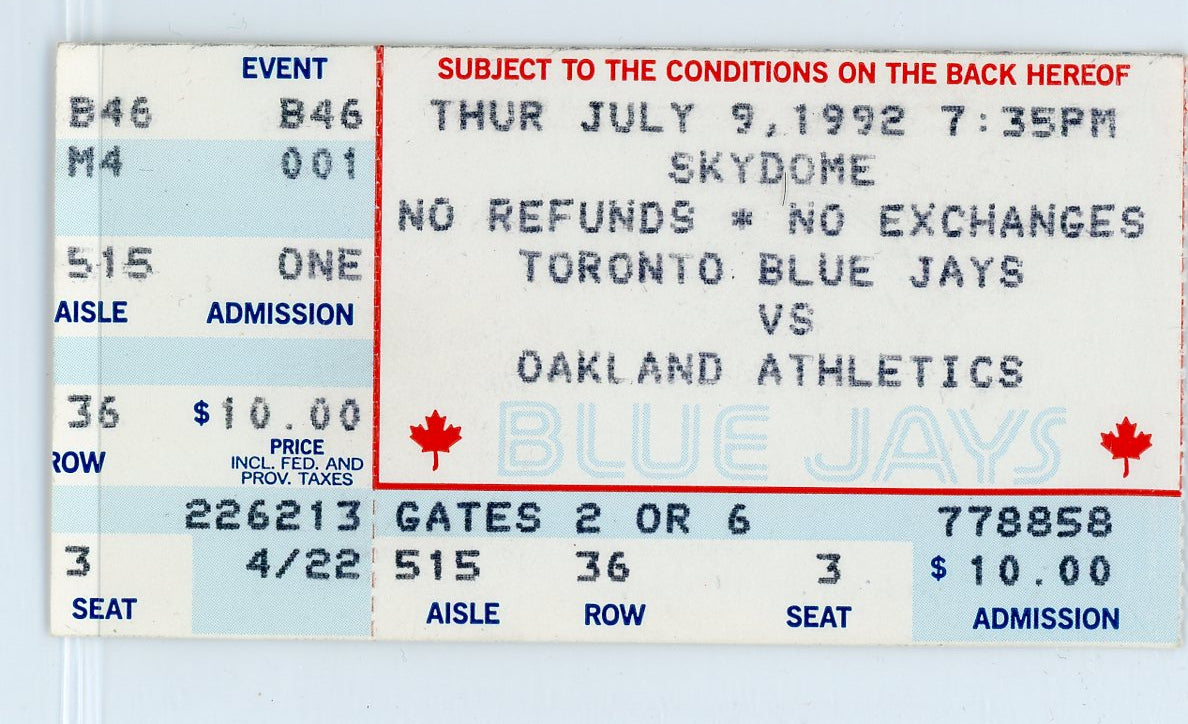 Toronto Blue Jays vs. Oakland Athletics Vintage Ticket Stub Toronto Skydome 1992