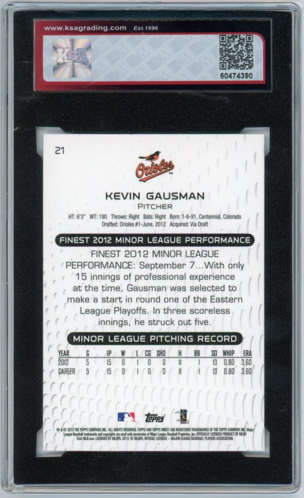 2013 Topps Finest Kevin Gausman Graded Rookie Card #21 KSA 10
