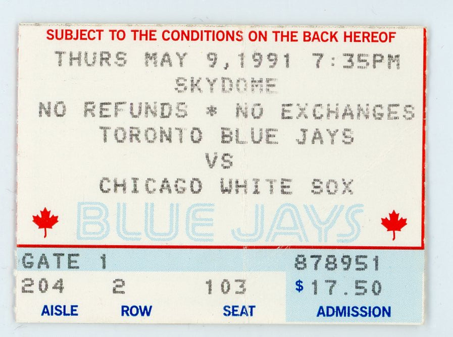 Toronto Blue Jays vs. Chicago White Sox Vintage Ticket Stub Toronto Skydome 1991