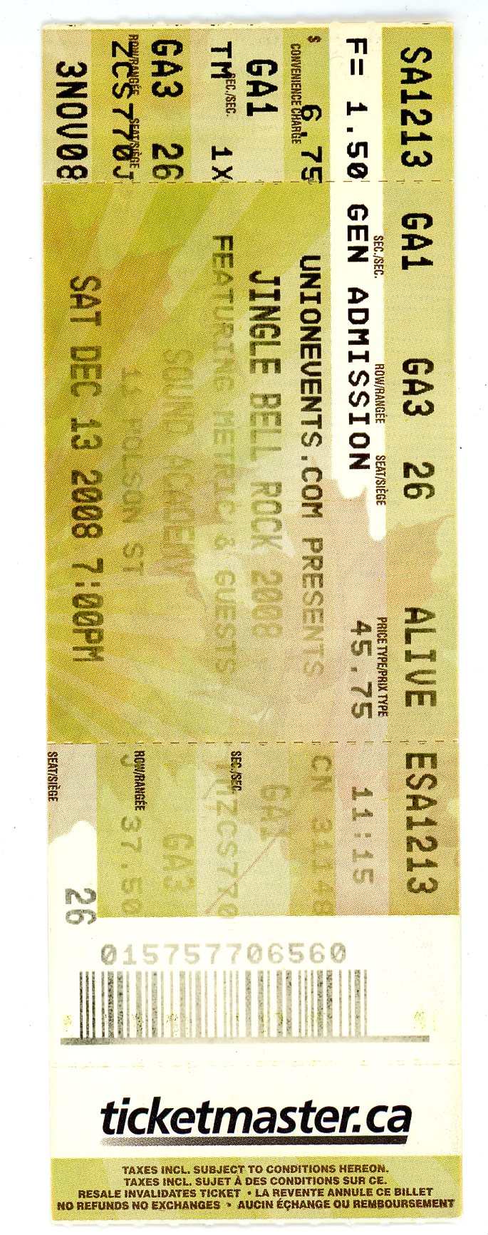 Jingle Bell Rock Ft. Metric Concert Ticket Stub Sound Academy (Toronto, 2008)