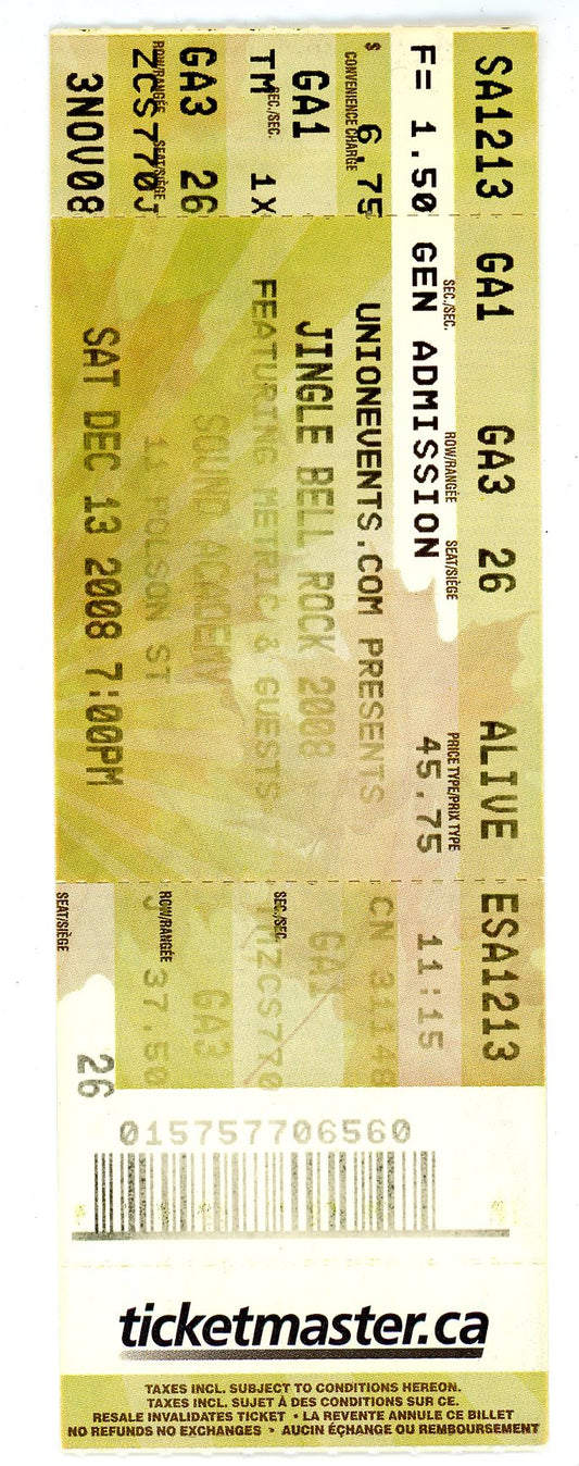 Jingle Bell Rock Ft. Metric Concert Ticket Stub Sound Academy (Toronto, 2008)