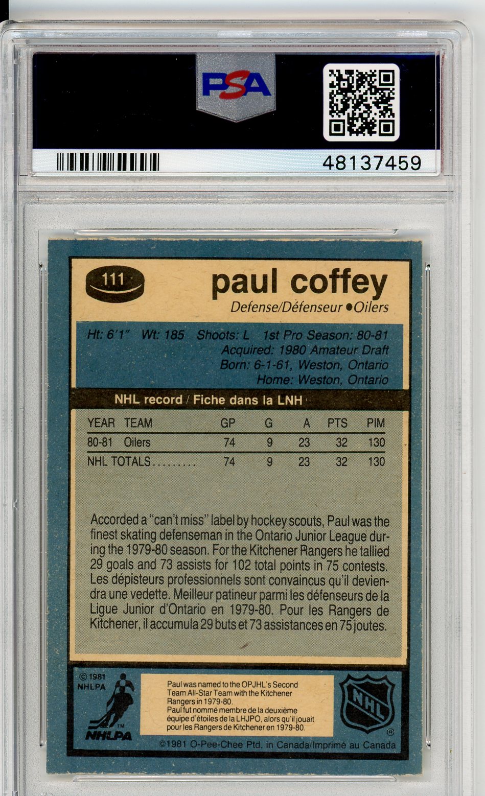 1981 O-Pee-Chee Paul Coffey Graded Rookie Card PSA 8