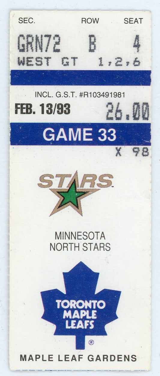 Minnesota North Stars vs. Toronto Maple Leafs Vintage Ticket Stub Maple Leaf Gardens 1993