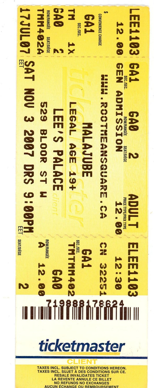 Malajube Concert Ticket Stub Lee's Palace (Toronto, 2007)