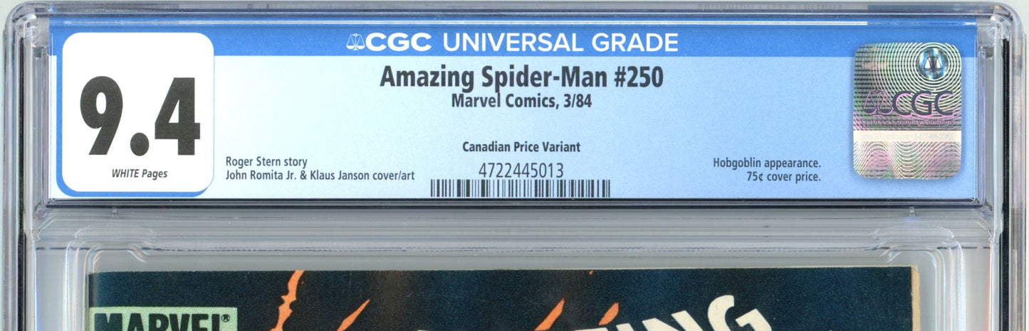 1984 Marvel Comics Amazing Spider-Man #250 Graded Comic Book CGC 9.4 Canadian Price Variant