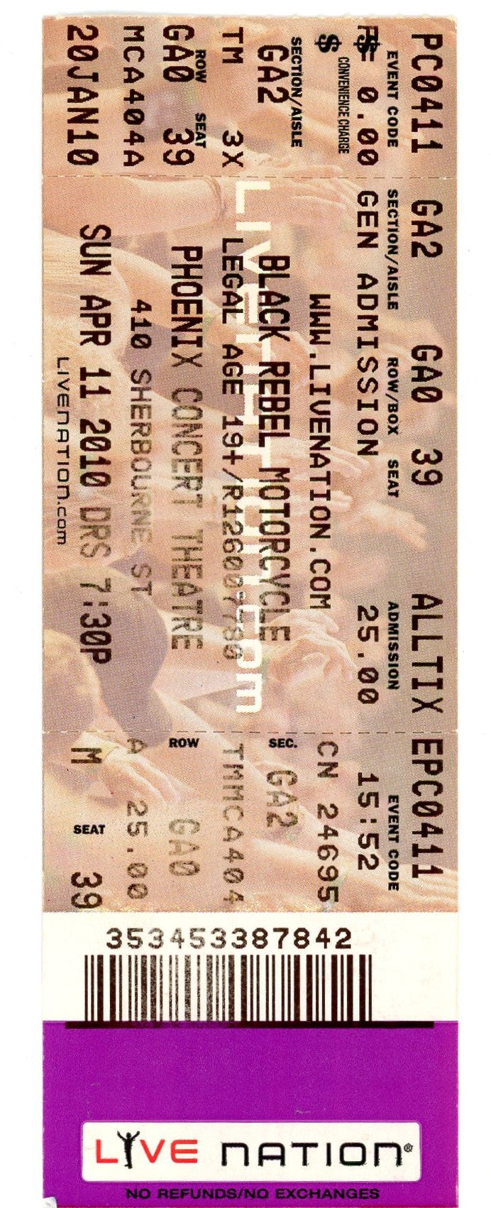 Black Rebel Motorcycle Club Concert Ticket Stub Phoenix Concert Theatre (Toronto, 2010)