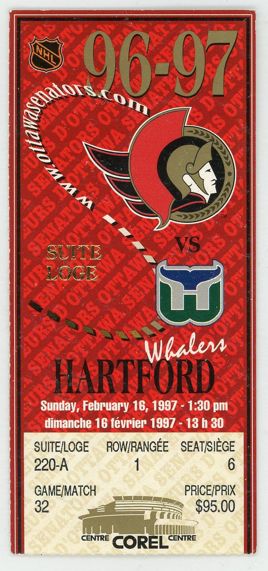 Ottawa Senators vs. Hartford Whalers Vintage Ticket Stub Corel Centre 1997