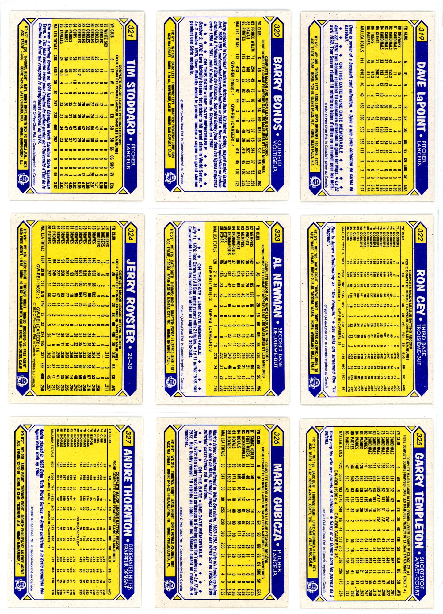 1987 O-Pee-Chee Baseball Card Complete Set (396 Cards) Barry Bonds Rookie High Grade!