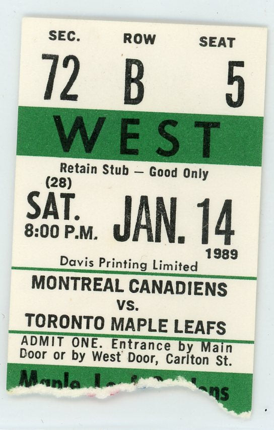 Montreal Canadiens vs. Toronto Maple Leafs Vintage Ticket Stub Maple Leaf Gardens 1989