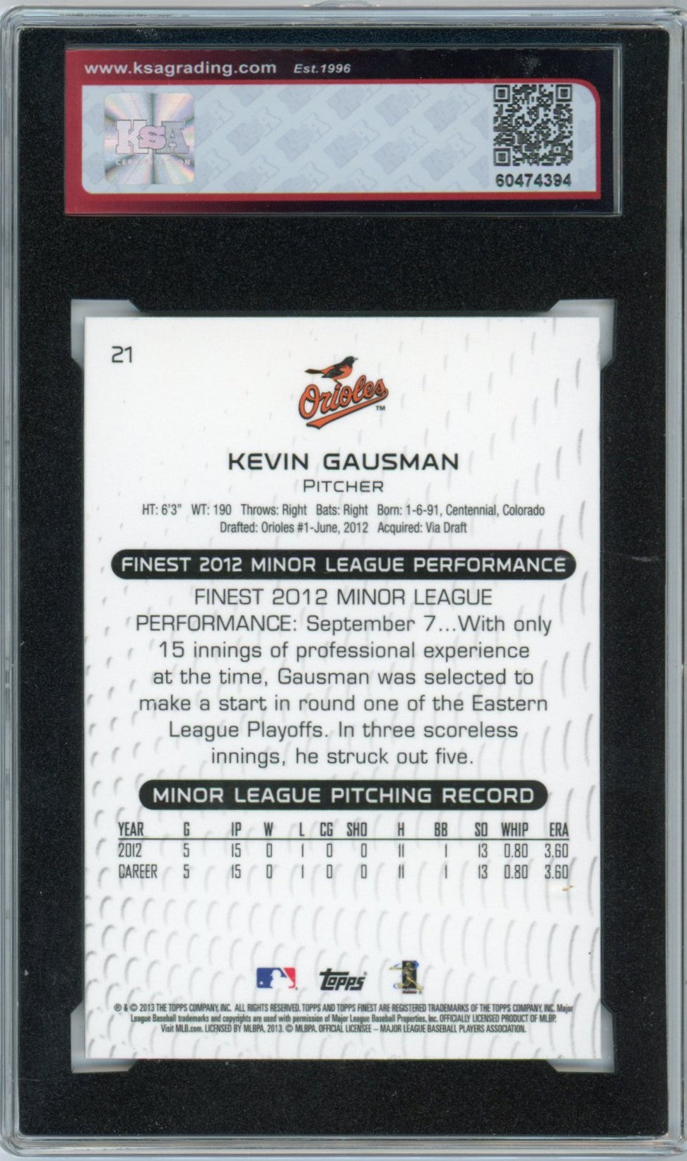 2013 Topps Finest #21 Kevin Gausman Graded Rookie Card KSA 9.5