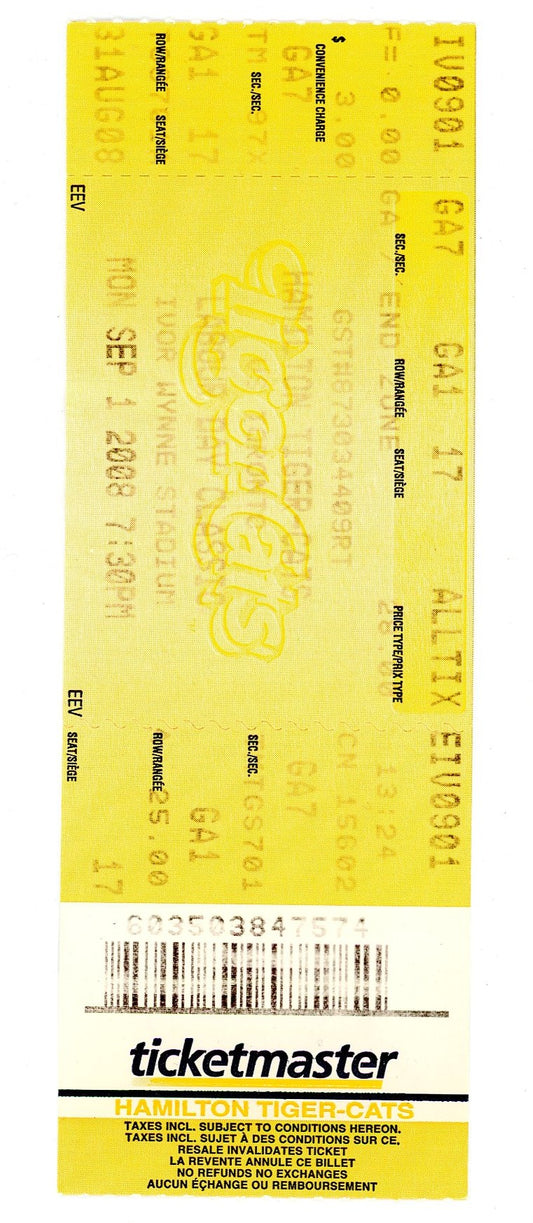 Hamilton Tiger-Cats vs. Toronto Argonauts Vintage Ticket Ivor Wynne Stadium (Toronto, 2008)