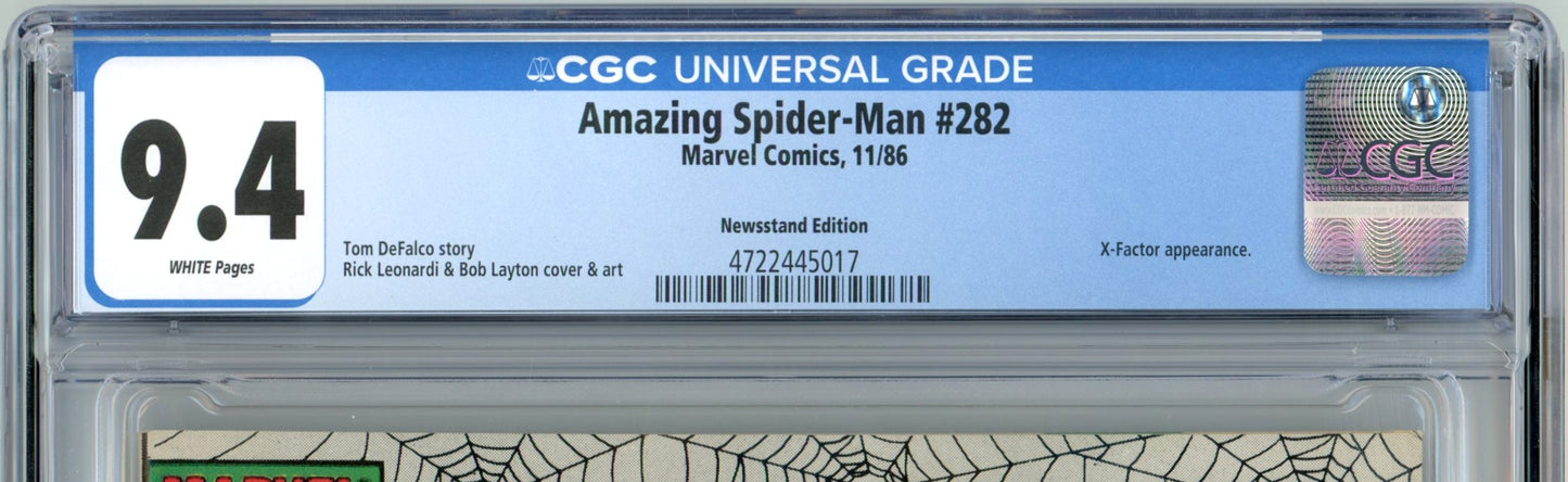 1986 Marvel Comics Amazing Spider-Man #282 Graded Comic Book CGC 9.4 Newsstand