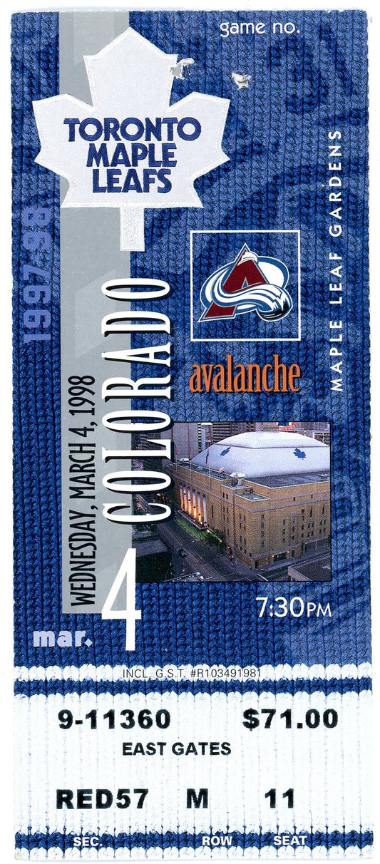 Toronto Maple Leafs vs Colorado Avalanche Ticket Maple Leaf Gardens (Toronto, 1998)