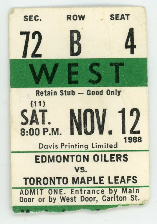 Edmonton Oilers vs. Toronto Maple Leafs Vintage Ticket Stub Maple Leaf Gardens 1988