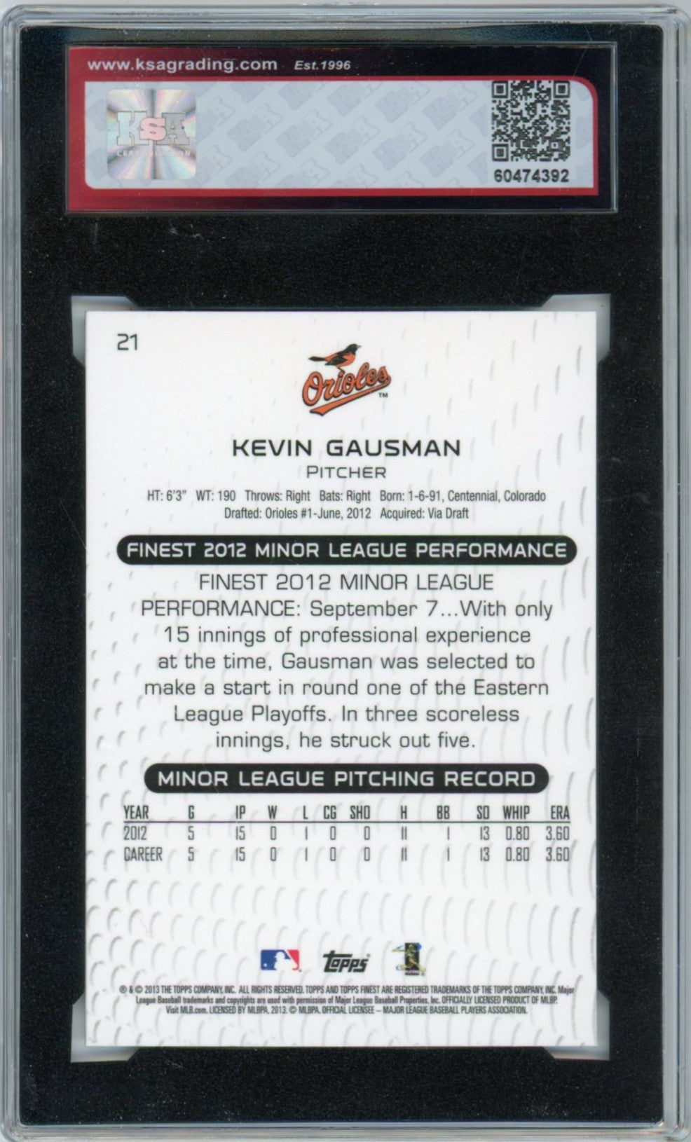 2013 Topps Finest Kevin Gausman Graded Rookie Card #21 KSA 9