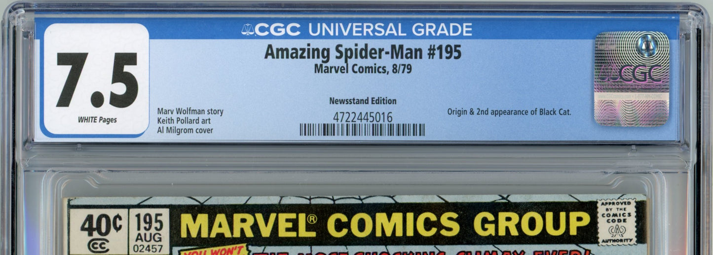 1979 Marvel Comics Amazing Spider-Man #195 Graded Comic Book CGC 7.5 Newsstand Origin of Black Cat