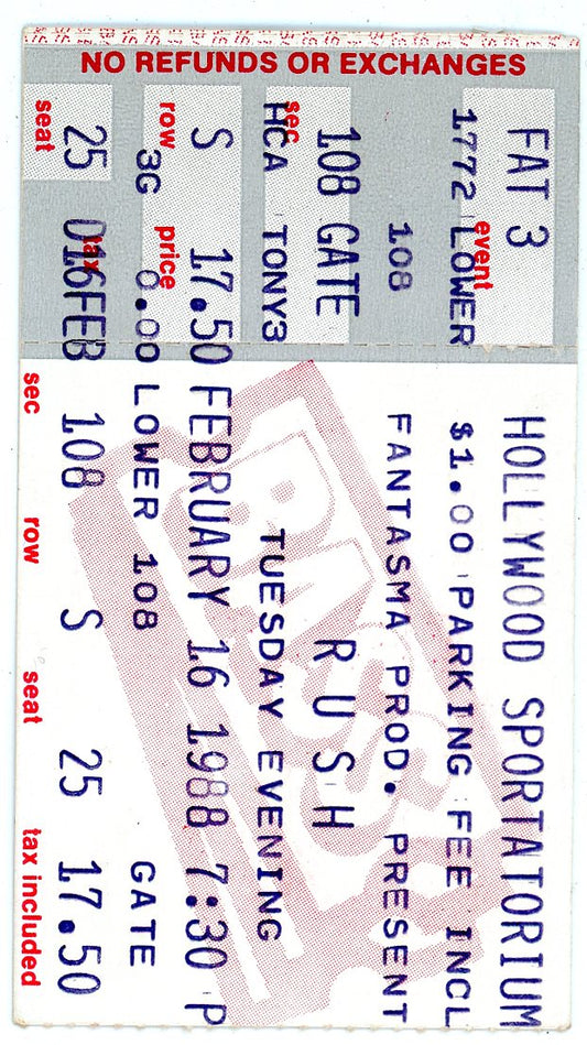 Rush Vintage Concert Ticket Hollywood Sportatorium (Hollywood Florida, 1988)