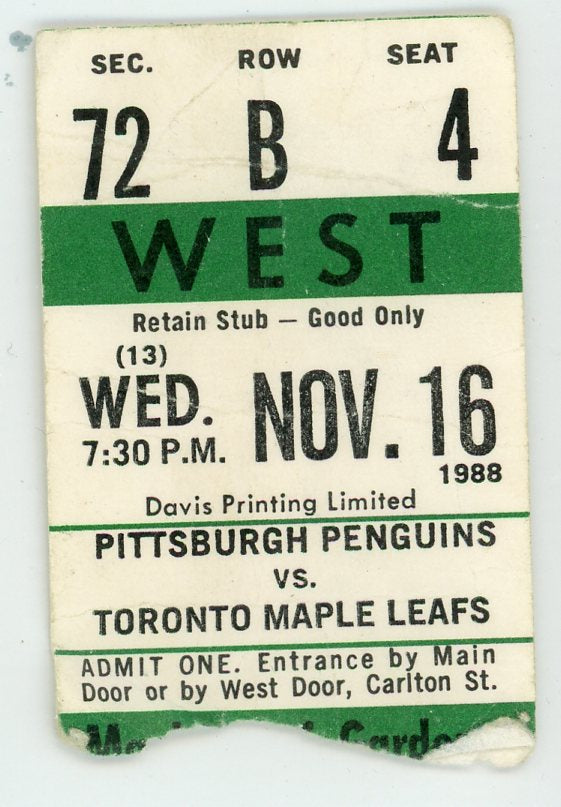 Pittsburgh Penguins vs. Toronto Maple Leafs Ticket Stub Gardens 1988 Mario Lemieux