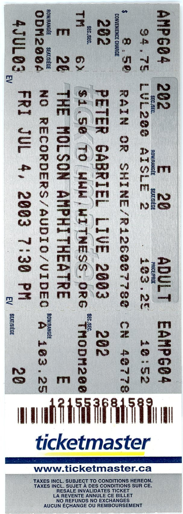 Peter Gabriel Vintage Concert Ticket Molson Amphitheatre (Toronto, 2003)