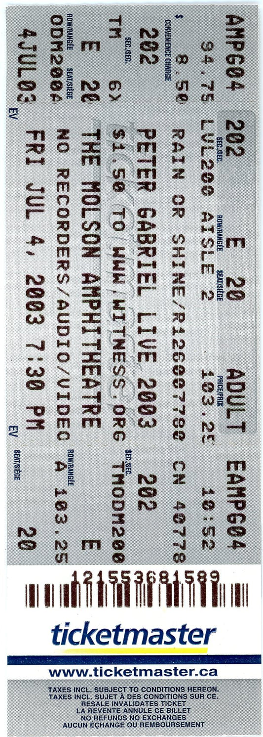 Peter Gabriel Vintage Concert Ticket Molson Amphitheatre (Toronto, 2003)