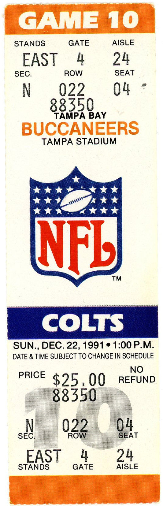 Tampa Bay Buccaneers vs. Indianapolis Colts Ticket Tampa Stadium (Tampa FL, 1991)