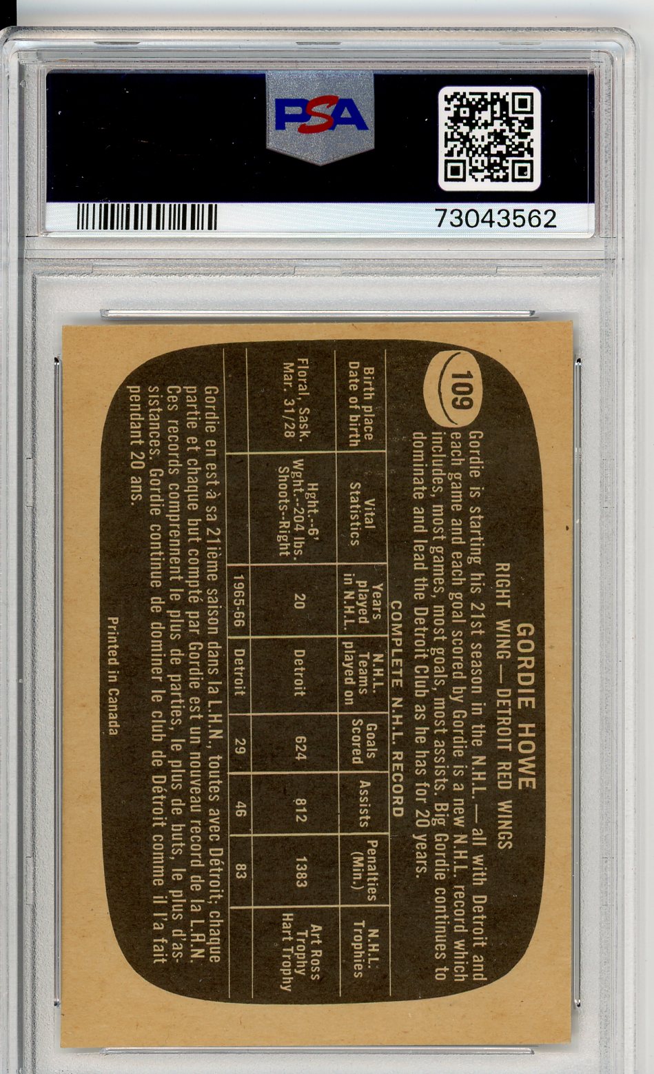 1966 Topps Gordie Howe Graded Card PSA 6