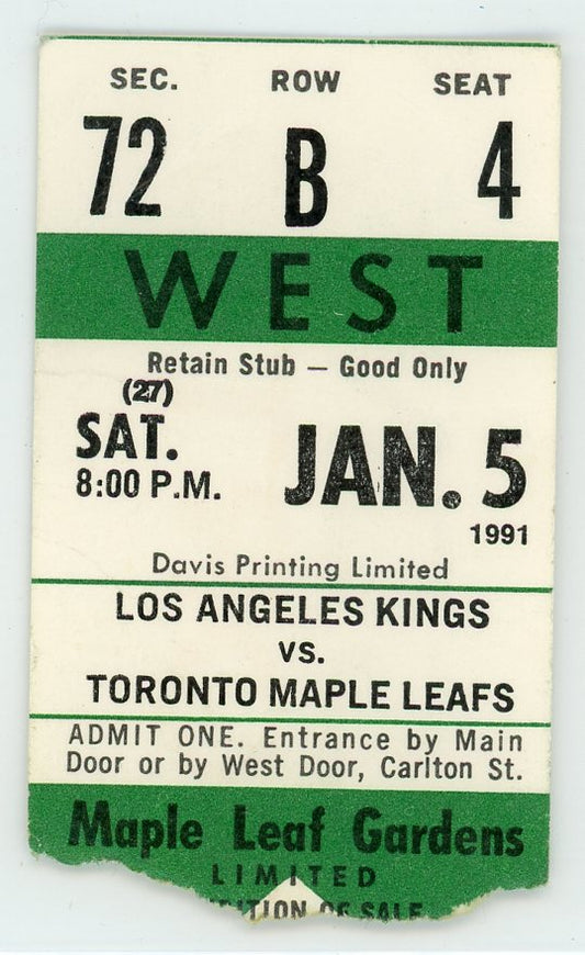 Los Angeles Kings vs. Toronto Maple Leafs Vintage Ticket Stub Maple Leaf Gardens 1991 Gretzky