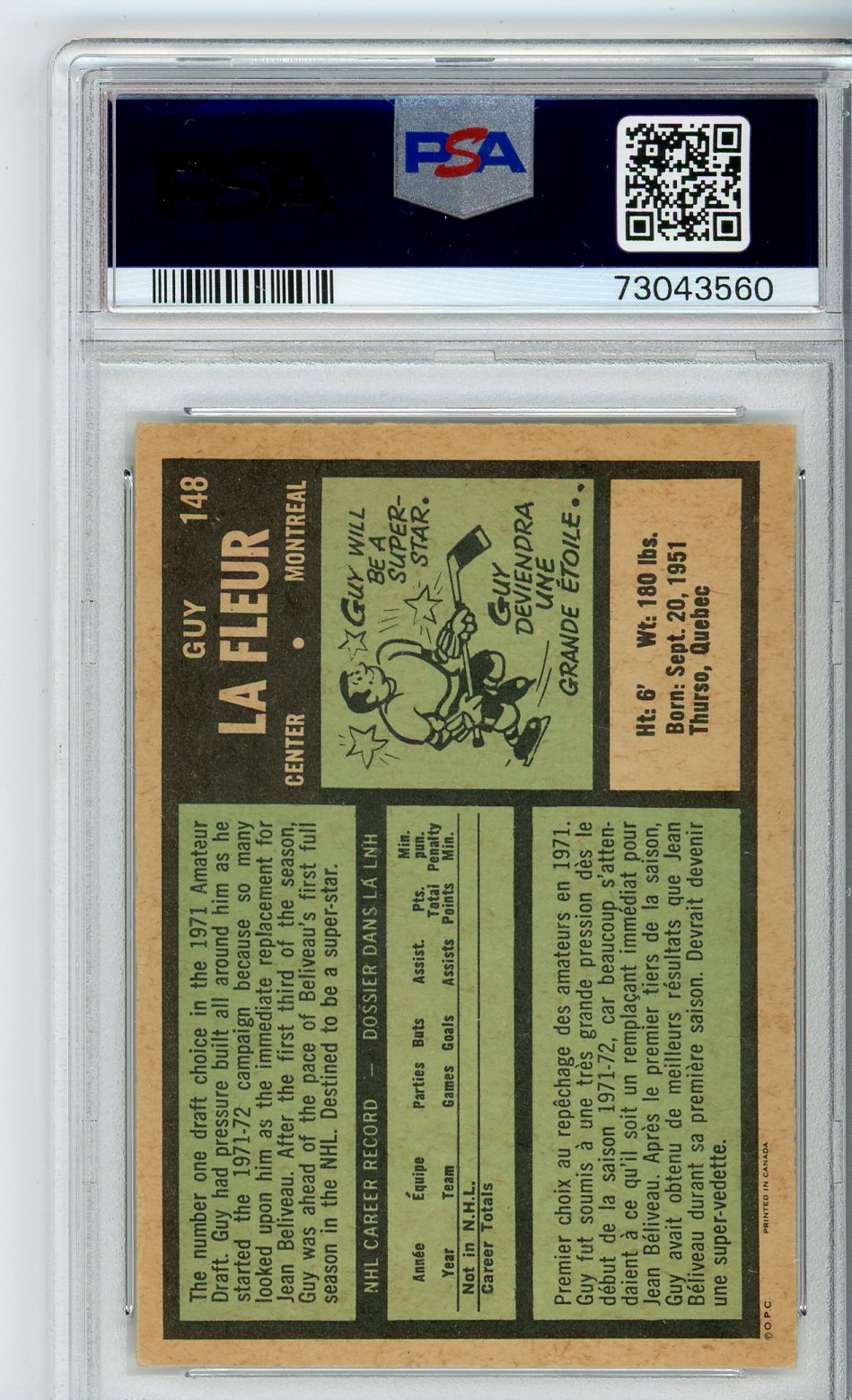1971 O-Pee-Chee Guy Lafleur Graded Rookie Card PSA 5