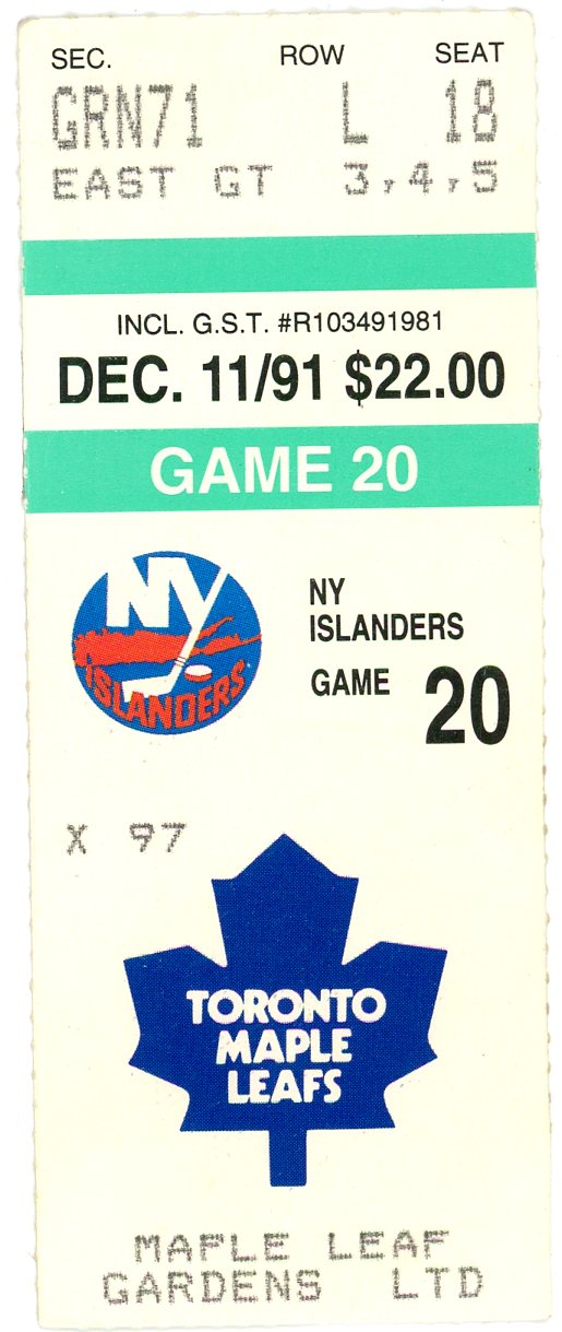 NY Islanders vs. Toronto Maple Leafs Ticket Maple Leaf Gardens (Toronto, 1991)