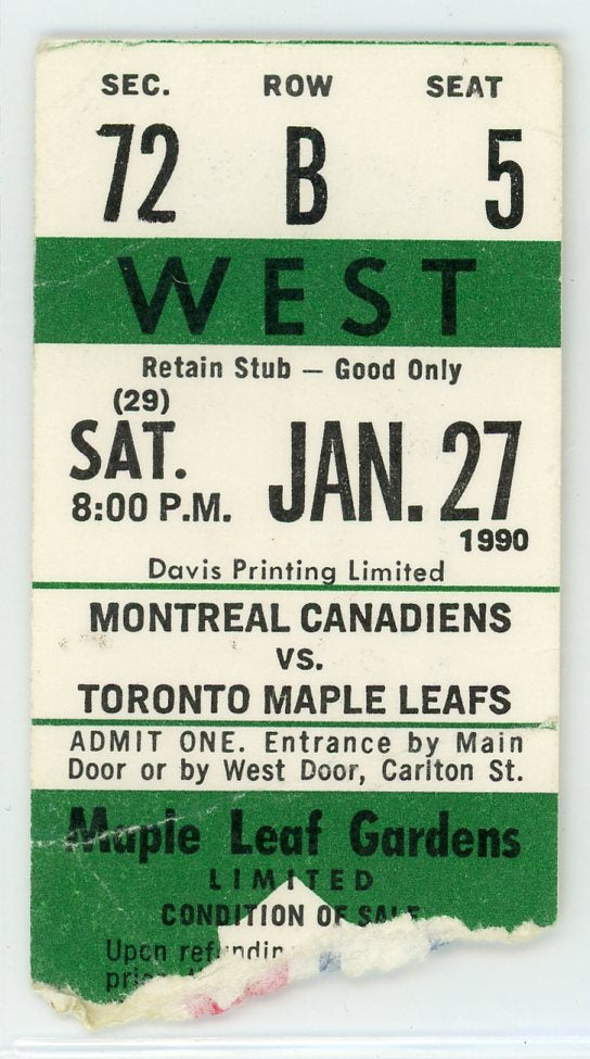 Montreal Canadiens vs. Toronto Maple Leafs Vintage Ticket Stub Maple Leaf Gardens 1990