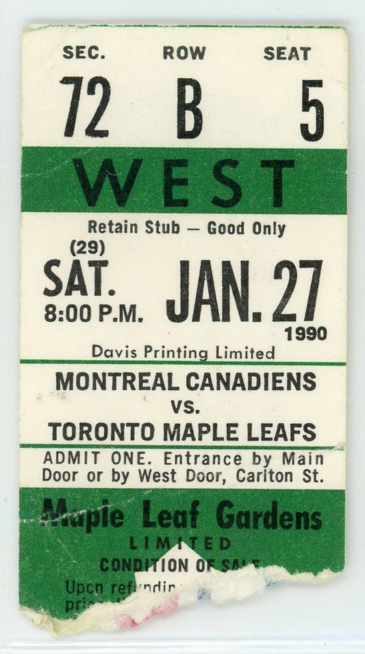 Montreal Canadiens vs. Toronto Maple Leafs Vintage Ticket Stub Maple Leaf Gardens 1990