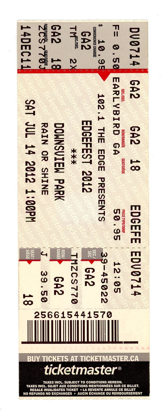 Edgefest 2012 Concert Ticket Stub Downsview Park (Toronto, 2012)