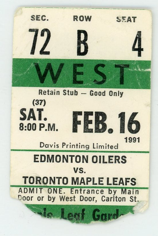 Edmonton Oilers vs. Toronto Maple Leafs Vintage Ticket Stub Maple Leaf Gardens 1991