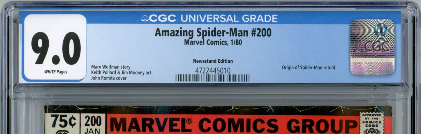 1980 Marvel Comics Amazing Spider-Man #200 Graded Comic Book CGC 9.0 Newsstand Retold Origin of Spider-Man