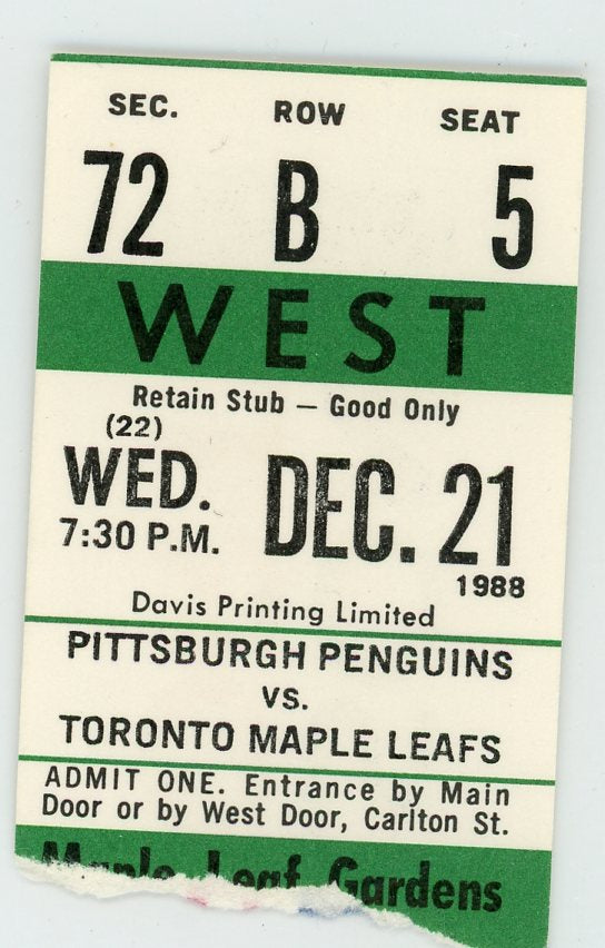Pittsburgh Penguins vs. Toronto Maple Leafs Ticket Stub Maple Leaf Gardens 1988 Mario Lemieux