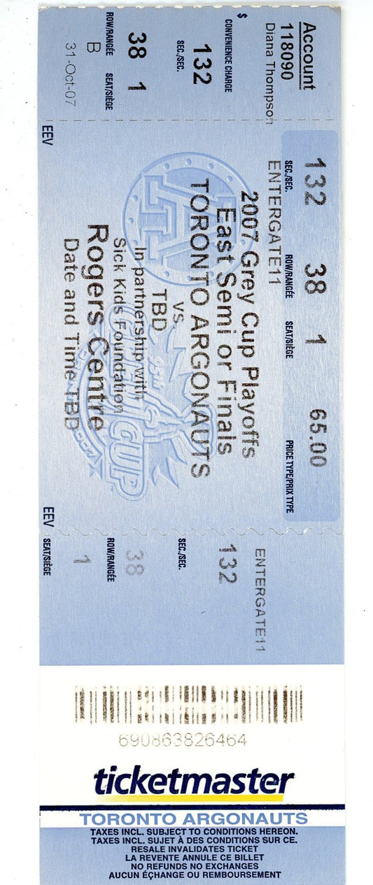 Toronto Argonauts CFL Playoffs Vintage Ticket Rogers Centre (Toronto, 2007)