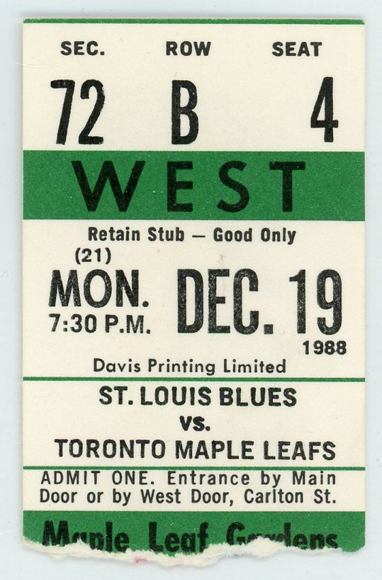 St. Louis Blues vs. Toronto Maple Leafs Ticket Stub Maple Leaf Gardens 1988