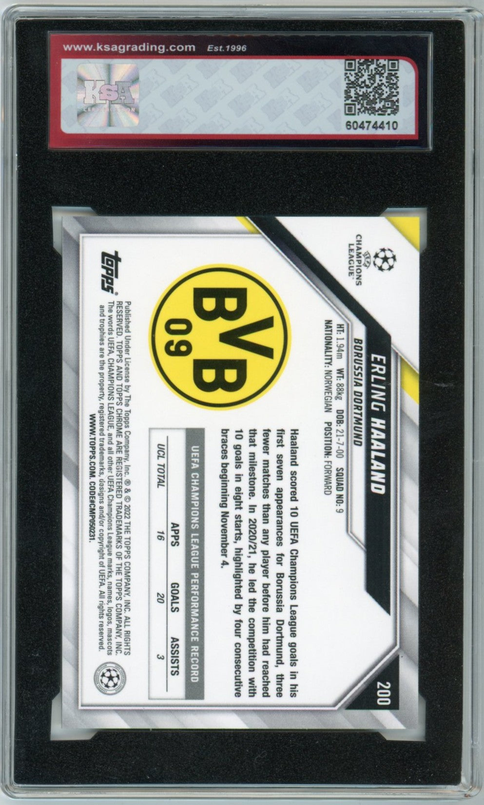 2021/22 Topps UEFA CL Erling Haaland Graded Soccer Card #200 KSA 10